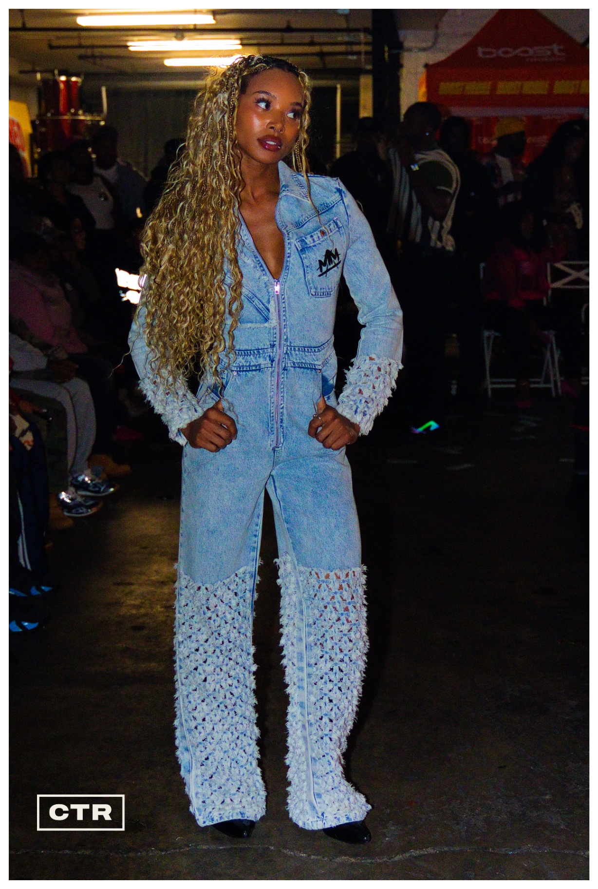 Runway — denim suit with textured fringe
