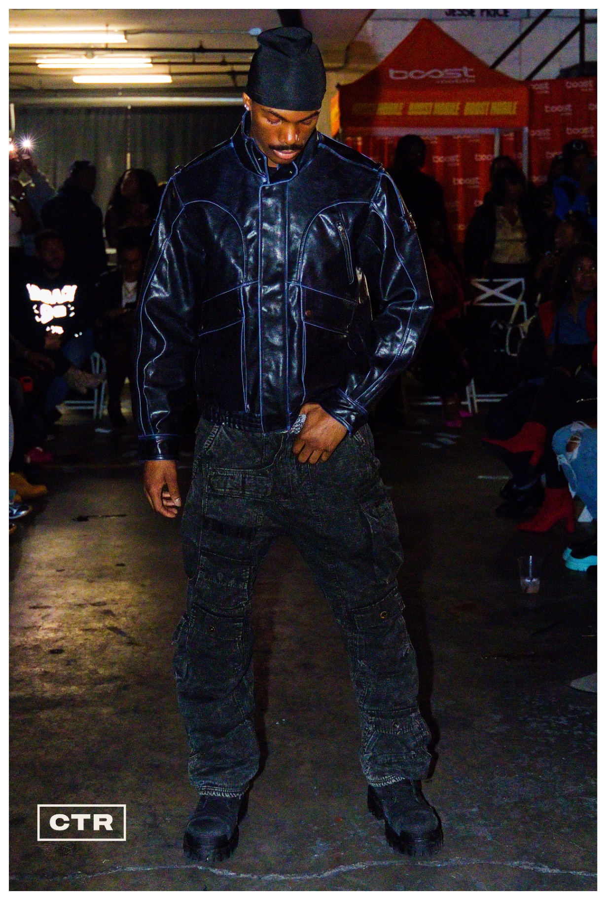 Runway — dark denim and cap