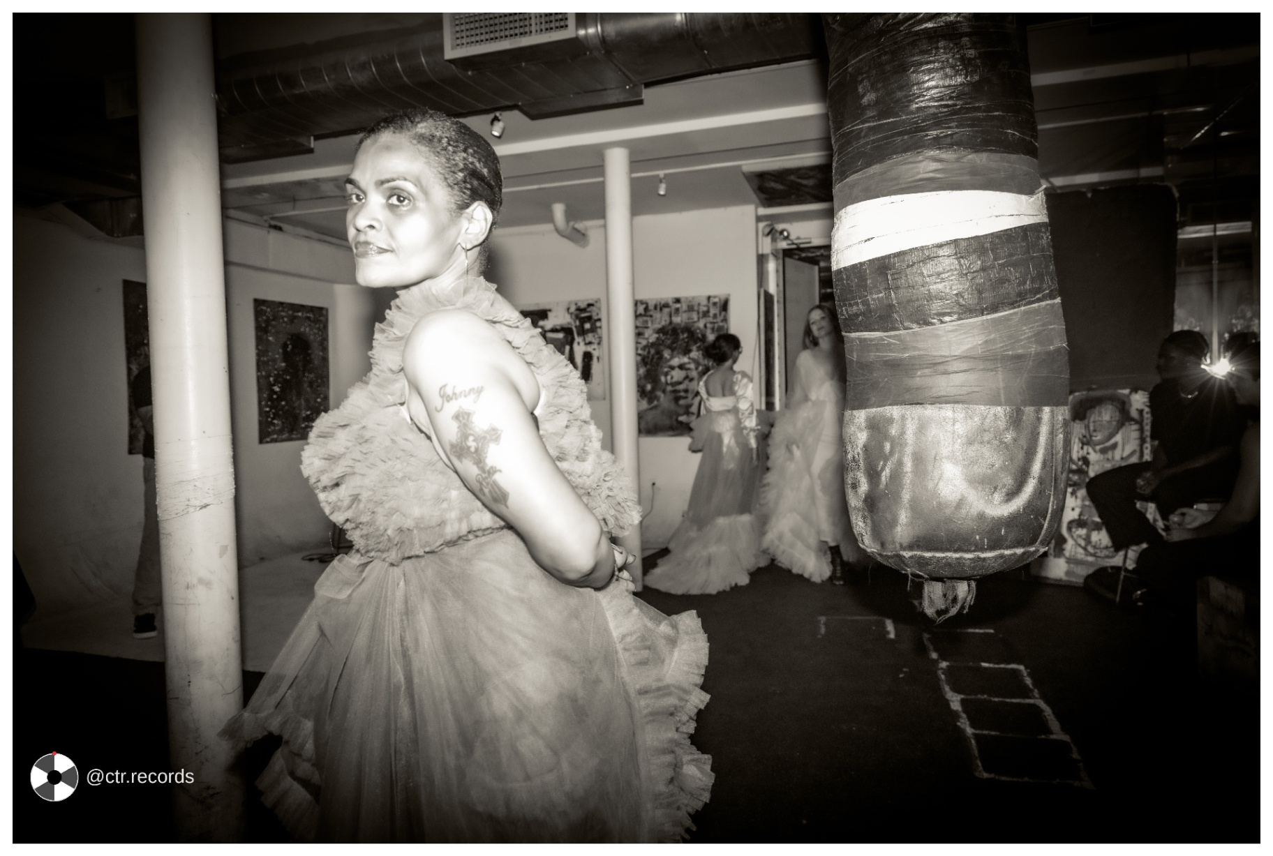 Textured gown — black-and-white portrait