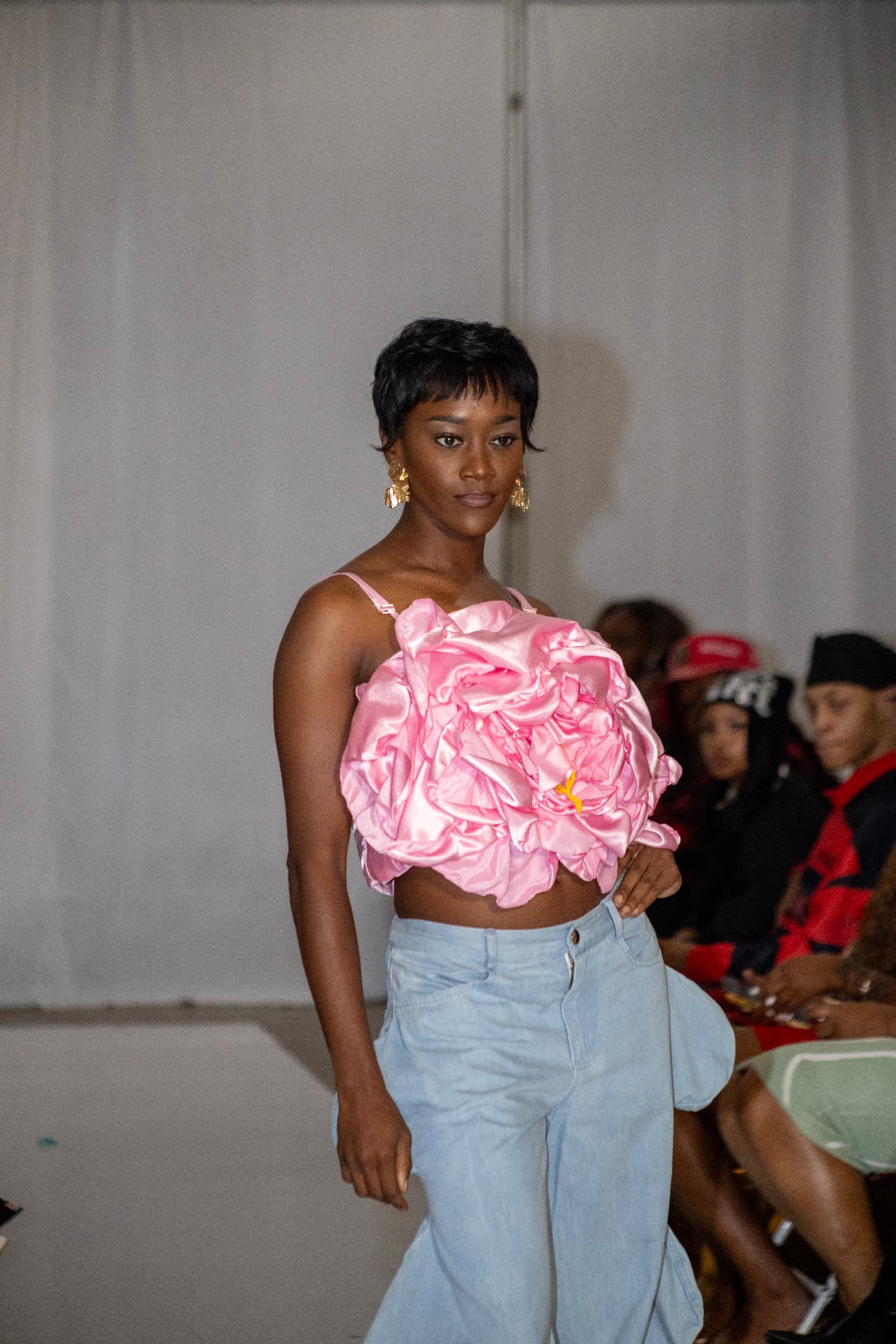 Runway — pink satin ruffle crop