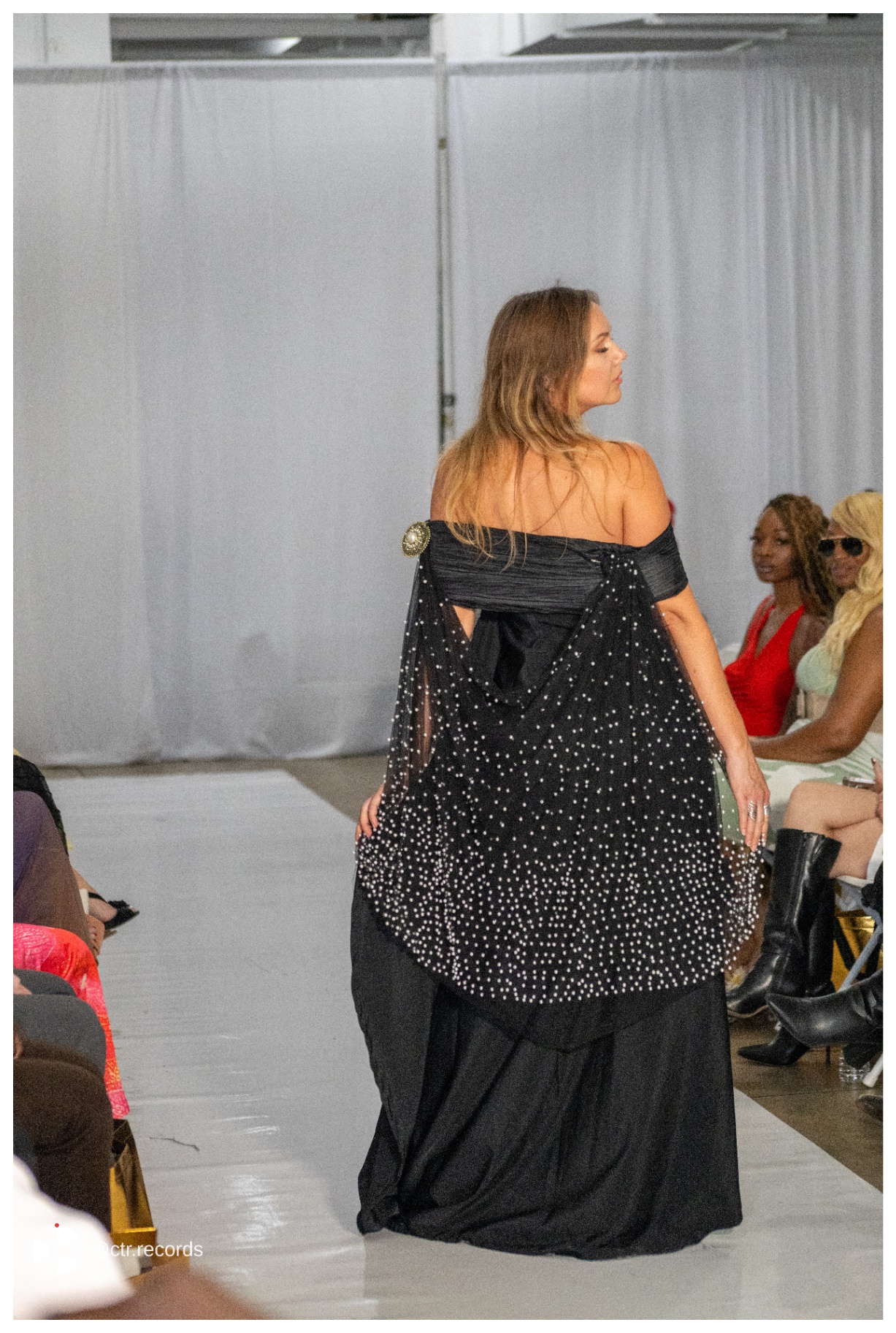 Runway — pearl cape gown, back detail