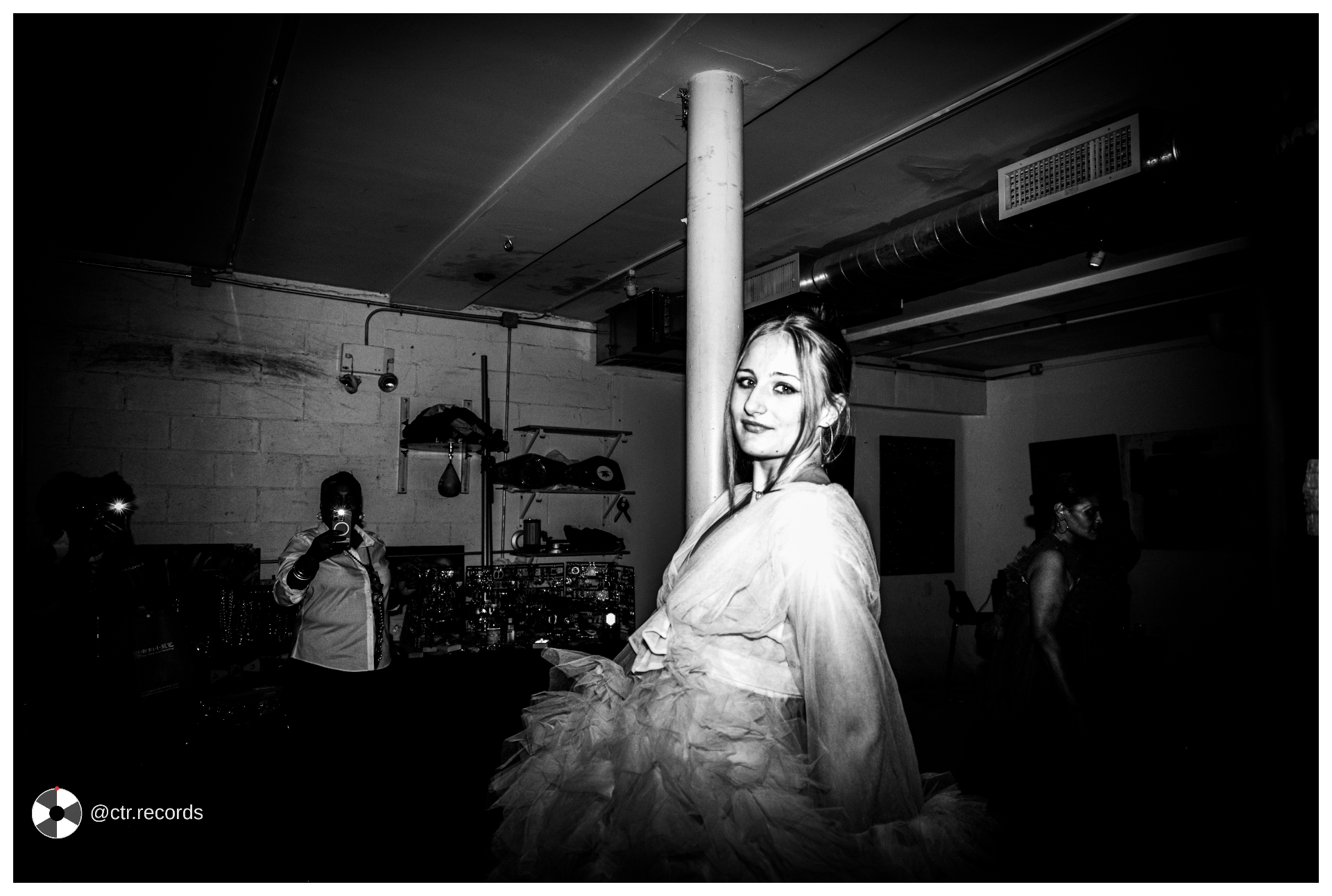 White gown — black-and-white portrait